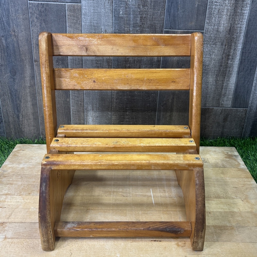 Vintage Wooden Convertible Child's Chair Step Stool Folding Seat Marked 1950s